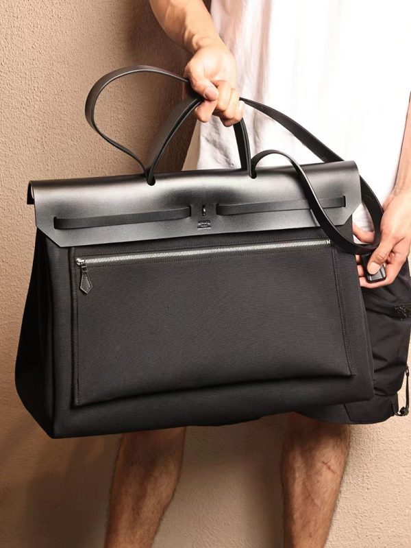 エルメス エールバッグ50 メンズ HERMES エールバッグジップGM 黒 ブラック ヴァッシュハンター／トワルアッシュ シルバー金具 2412793 - 画像 (7)