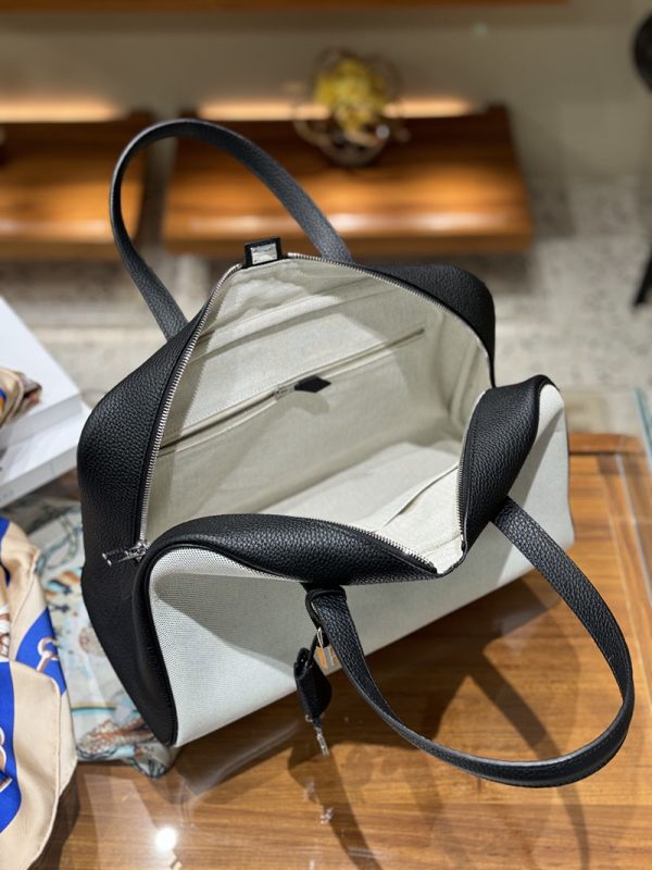 エルメス プリュム 35 HERMES ハンドバッグ 黒 ブラック/グレー トワルアッシュ シルバー金具 2513791 ハンドバッグ 人気 - 画像 (3)