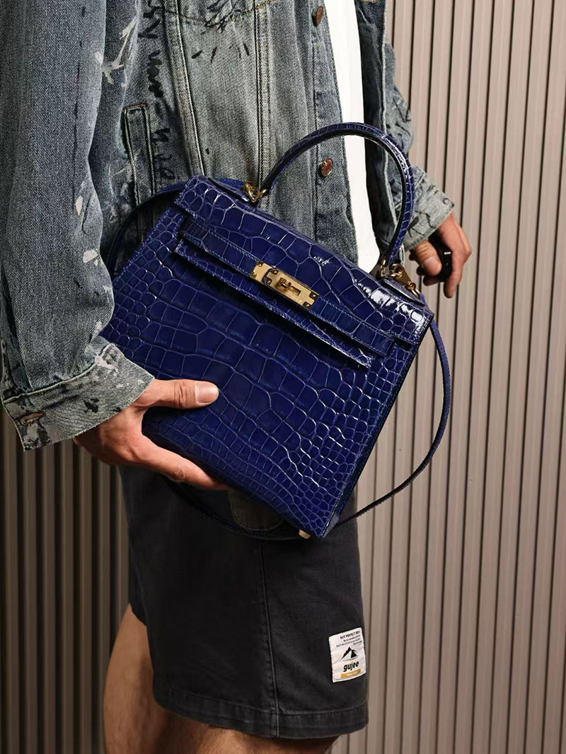 エルメスコピー HERMES ケリー28 外縫い ブルーエレクトリック クロコダイル アリゲーターマット ゴールド金具 2524008 - 画像 (5)