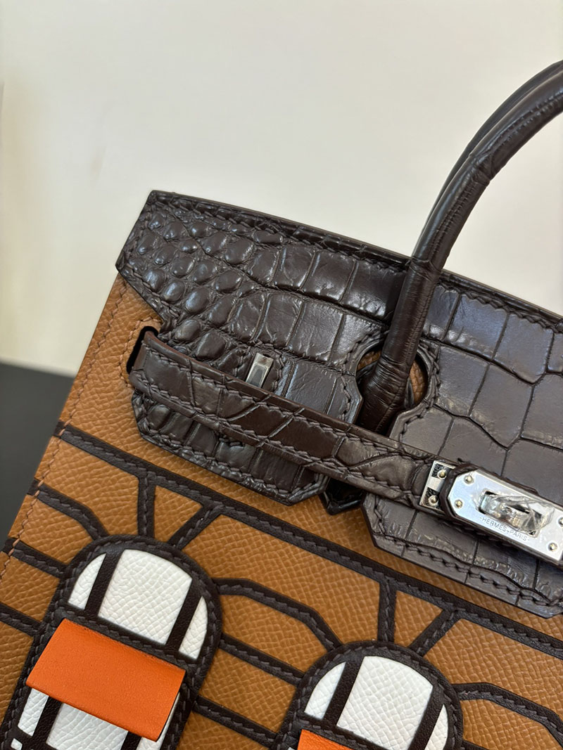 バーキン20 定価 HERMES バーキン 20 セリエ ゴールド×エベンヌ×ブリュレ ヴォー・マダム×アリゲーターマット×スイフト シルバー金具 2524377 - 画像 (8)