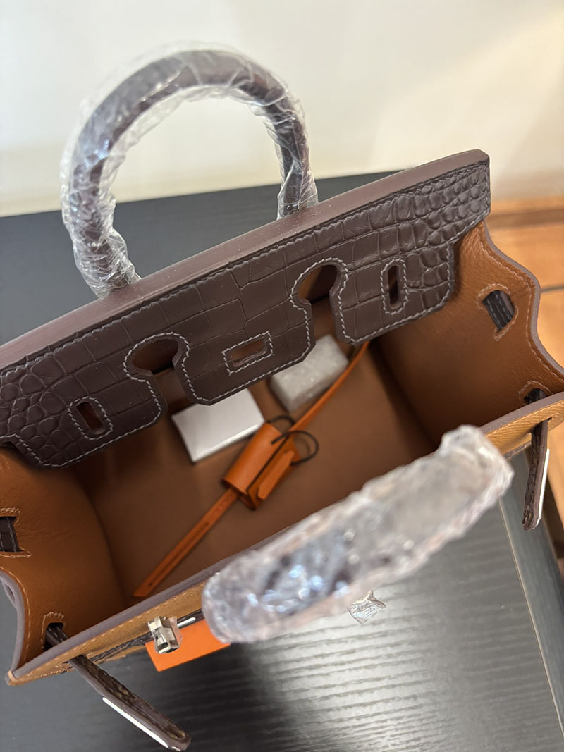 バーキン20 定価 HERMES バーキン 20 セリエ ゴールド×エベンヌ×ブリュレ ヴォー・マダム×アリゲーターマット×スイフト シルバー金具 2524377 - 画像 (2)