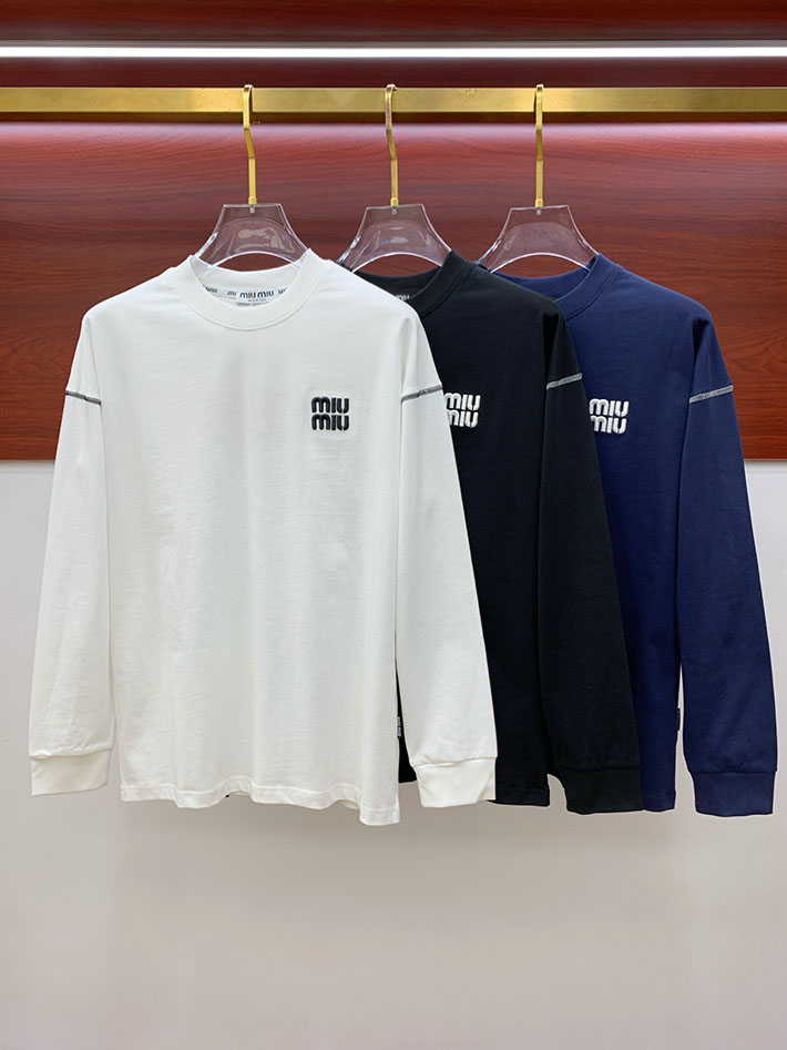 最高級MiuMiuスーパーコピー MiuMiu Tシャツ 長袖 カットソー コットン ロゴT クルーネック ブルー 2524759 Miumiu Tシャツ アウトレット - 画像 (2)