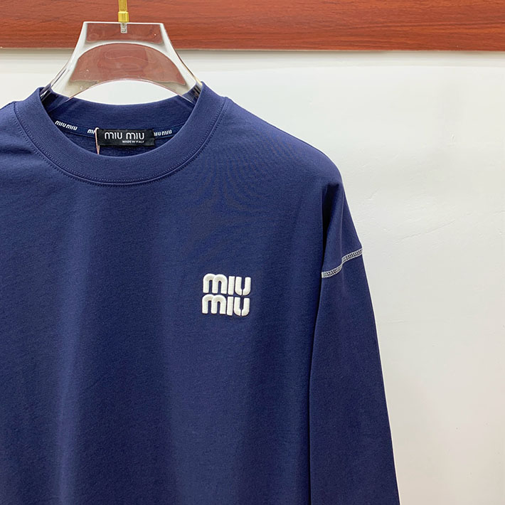 最高級MiuMiuスーパーコピー MiuMiu Tシャツ 長袖 カットソー コットン ロゴT クルーネック ブルー 2524759 Miumiu Tシャツ アウトレット - 画像 (9)