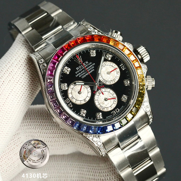 最高級ロレックススーパーコピー デイトナ 116599RBOW レインボー ランダム 8Pダイヤモンド 赤針 ブラック 黒 文字盤 K18WG メンズ - 画像 (8)