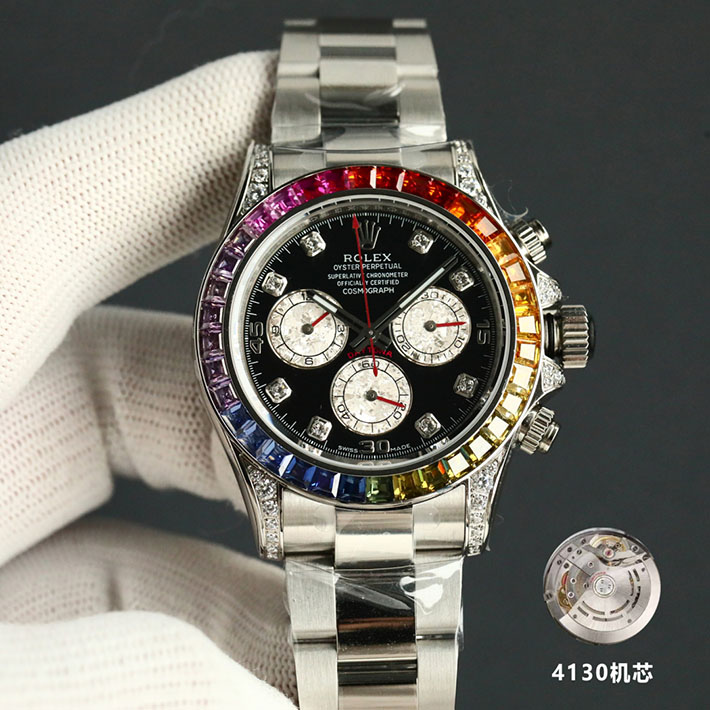 最高級ロレックススーパーコピー デイトナ 116599RBOW レインボー ランダム 8Pダイヤモンド 赤針 ブラック 黒 文字盤 K18WG メンズ - 画像 (7)