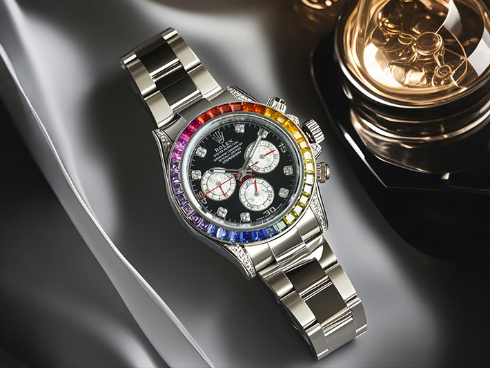 最高級ロレックススーパーコピー デイトナ 116599RBOW レインボー ランダム 8Pダイヤモンド 赤針 ブラック 黒 文字盤 K18WG メンズ - 画像 (2)
