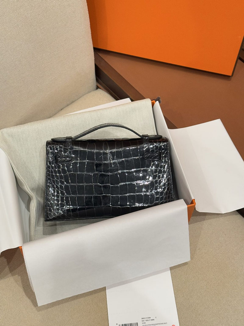 HERMES ポシェットケリー 黒 ブラック クロコダイル アリゲーターマット シルバー金具 2526003 ポシェットケリー クロコ - 画像 (6)