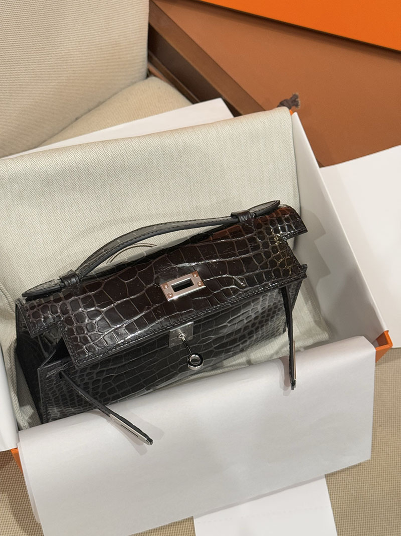 HERMES ポシェットケリー 黒 ブラック クロコダイル アリゲーターマット シルバー金具 2526003 ポシェットケリー クロコ - 画像 (4)