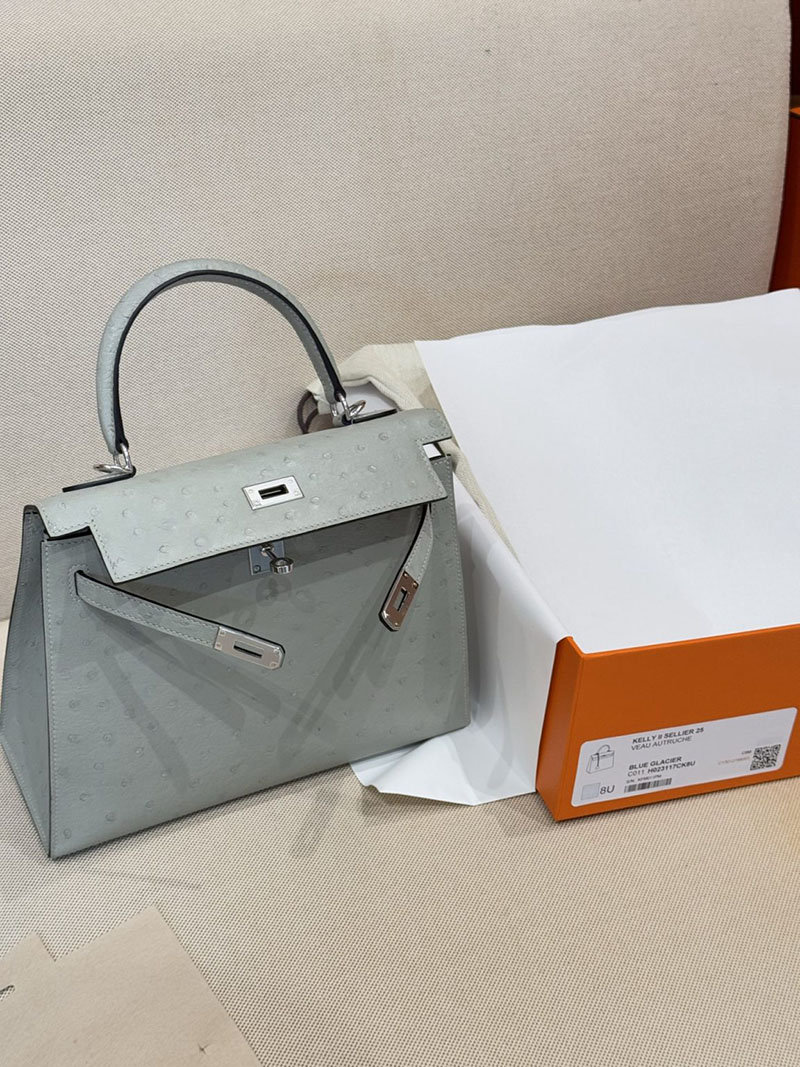 女性 バッグ 人気ハイブランド HERMES ケリー25 外縫い ブルーグラシエ オーストリッチ シルバー金具 2627525 エルメス専門店 おすすめ - 画像 (6)
