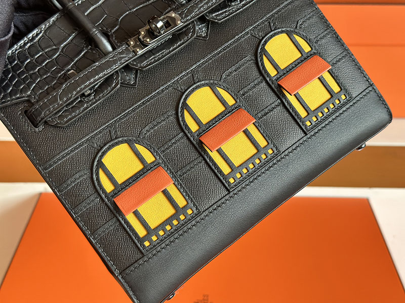 HERMES バーキン20cm セリエ フォーブル ミッドナイト クロ×ジョーヌアンブル×オレンジ ヴォー・マダム×クロコダイル アリゲーターマット×スイフト ブラック金具 2627855 - 画像 (4)