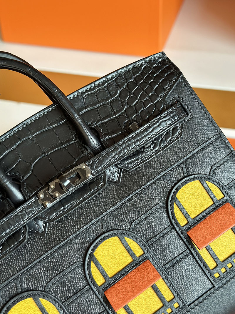 HERMES バーキン20cm セリエ フォーブル ミッドナイト クロ×ジョーヌアンブル×オレンジ ヴォー・マダム×クロコダイル アリゲーターマット×スイフト ブラック金具 2627855 - 画像 (3)