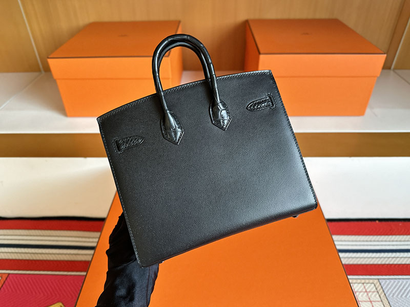 HERMES バーキン20cm セリエ フォーブル ミッドナイト クロ×ジョーヌアンブル×オレンジ ヴォー・マダム×クロコダイル アリゲーターマット×スイフト ブラック金具 2627855 - 画像 (2)
