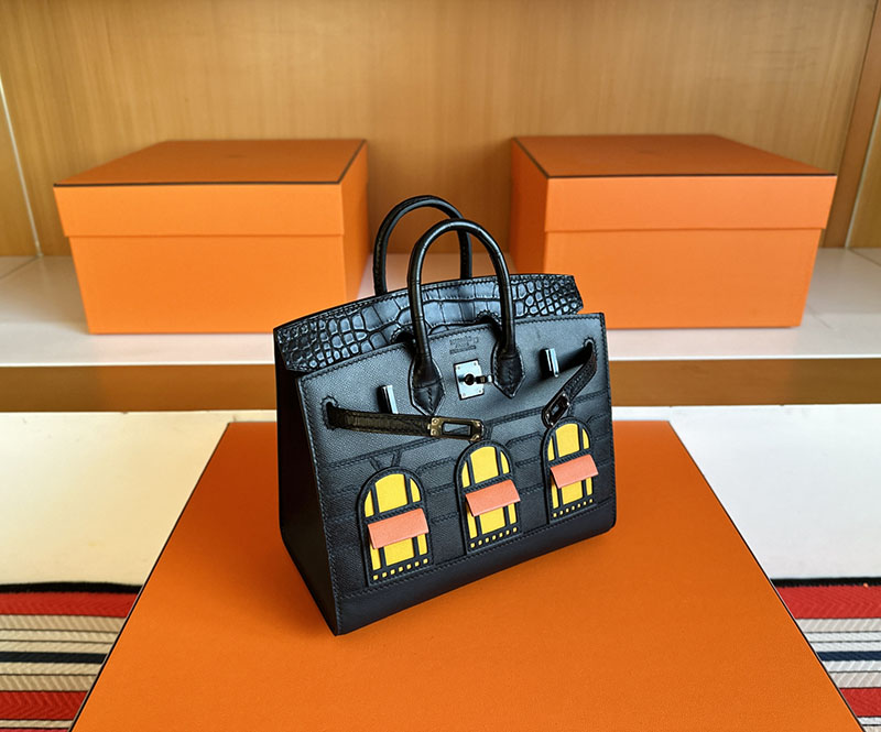 HERMES バーキン20cm セリエ フォーブル ミッドナイト クロ×ジョーヌアンブル×オレンジ ヴォー・マダム×クロコダイル アリゲーターマット×スイフト ブラック金具 2627855 - 画像 (10)