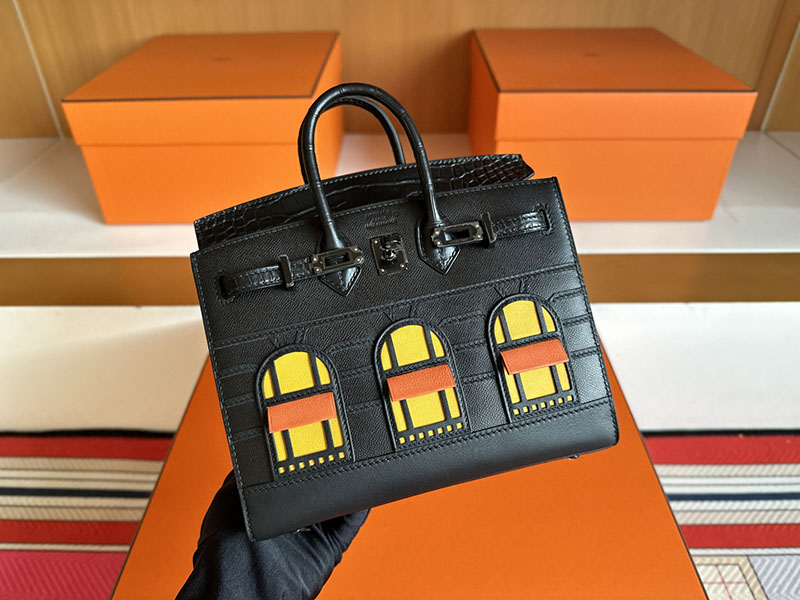 HERMES バーキン20cm セリエ フォーブル ミッドナイト クロ×ジョーヌアンブル×オレンジ ヴォー・マダム×クロコダイル アリゲーターマット×スイフト ブラック金具 2627855 - 画像 (8)
