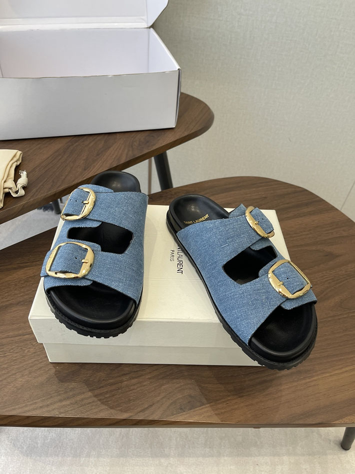 最高級サンローランスーパーコピー Saint Laurent レディース フラットサンダル メタルバックル ブルー 2630651 レディース サンダル 夏 - 画像 (9)