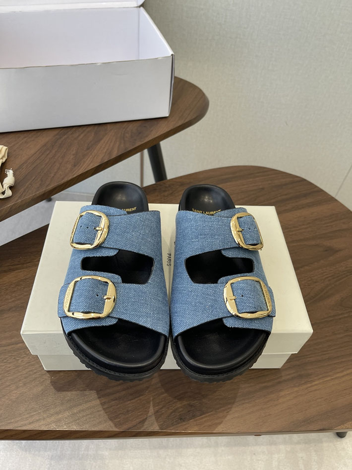 最高級サンローランスーパーコピー Saint Laurent レディース フラットサンダル メタルバックル ブルー 2630651 レディース サンダル 夏 - 画像 (3)